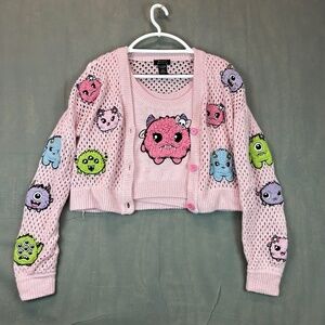 Hot topic Sweet Society Embroidered Fuzzy Monster Girl's Cardigan Set Size Large